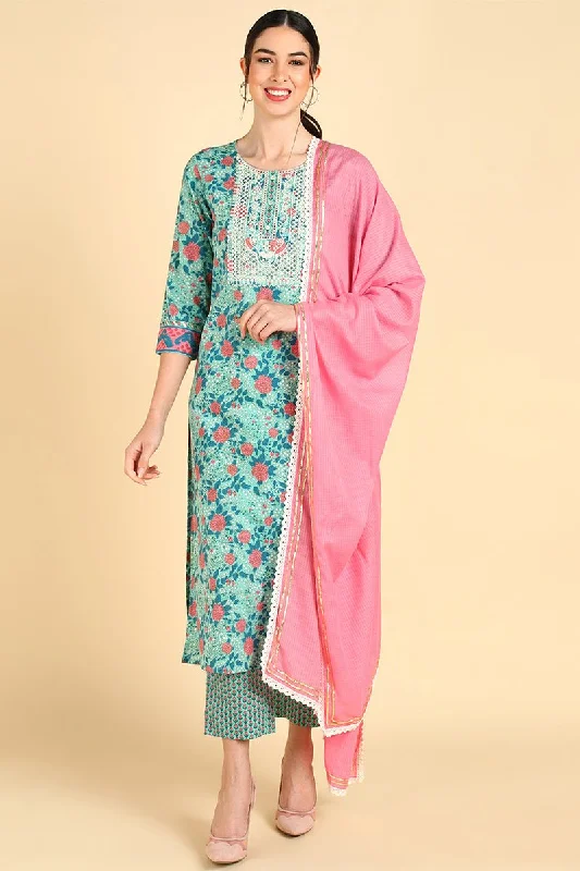 Sea Green Cotton Straight Kurta Pant With Dupatta Set