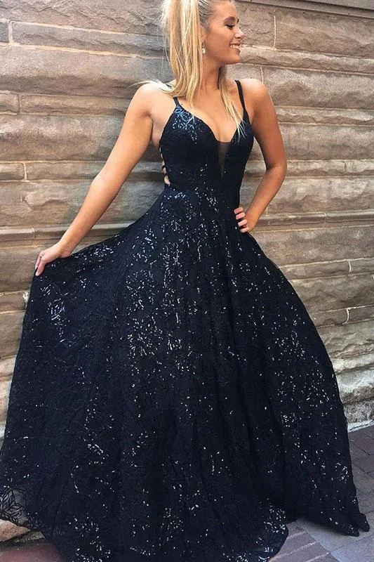 A Line Spaghetti Straps Floor Length Navy Sequined Prom Dress DMQ61 Tunics Occasion special