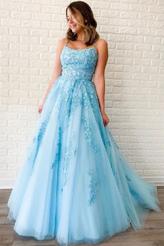New Arrival A-line Spaghetti Straps Lace Appliques Long Blue Prom Dresses DMT5 Boat Neckline Classic