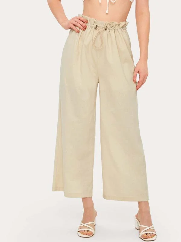 Paper Bag Waist Drawstring Wide Leg Pants Comfy Zip-Up Pants