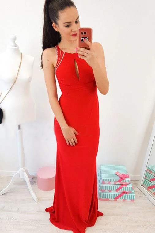 Mermaid Crew Open Back Floor-Length Red Prom Dress with Keyhole DMR7 Tunics Cozy comfortable