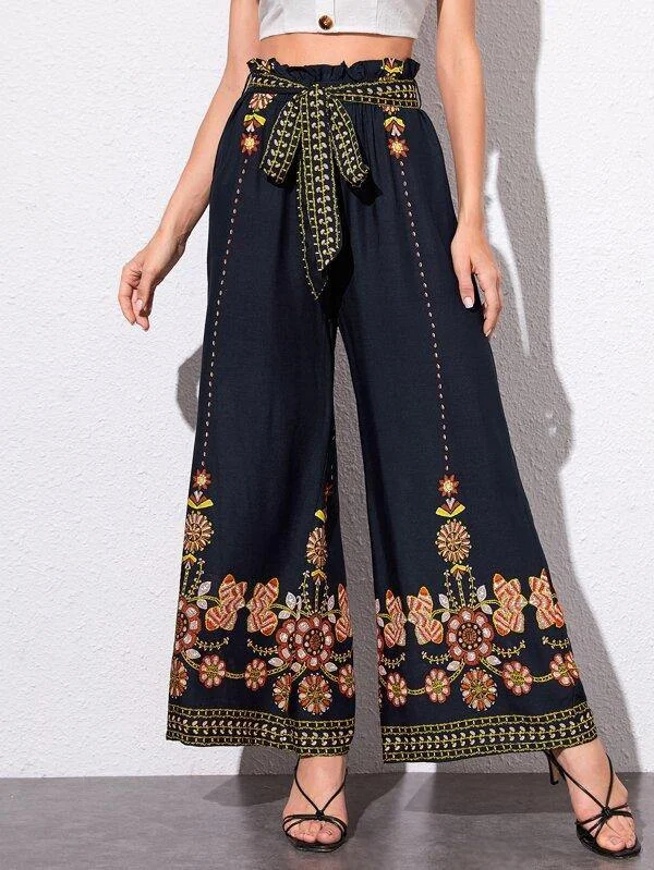 Paperbag Waist Floral Embroidery Wide Leg Pants Elegant Wool Trousers