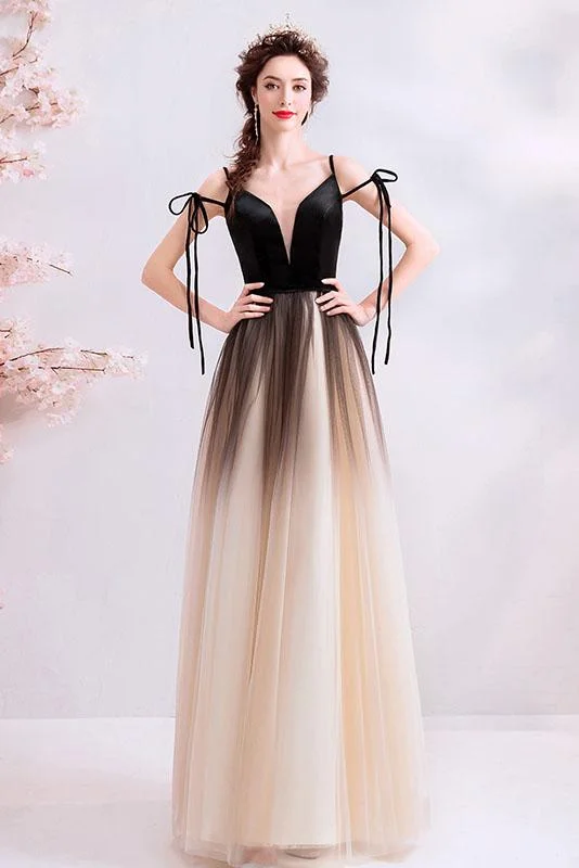 A Line Spaghetti Straps Tulle Long Prom Dress, Charming Evening Dresses DMQ70 Boat Neckline Classic
