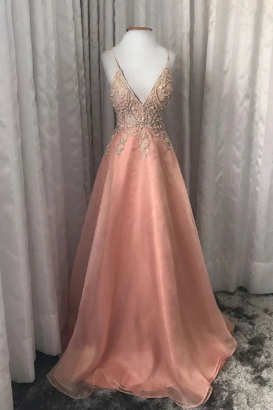 Pink V Neck Tulle Beads Long Prom Dress Spaghetti Straps Evening Dress DMQ53 Tunics stripes playful