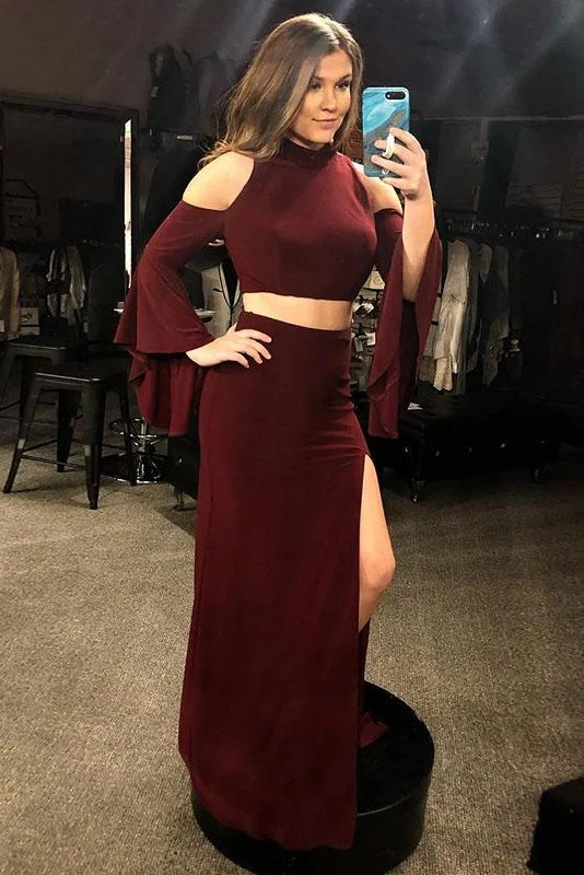 Two Piece Mermaid Cold Shoulder Long Sleeves Burgundy Prom Dress With Split DMQ54 Tunics Travel practical