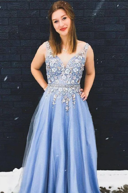 Gorgeous A-Line Appliques Floral Sky Blue Long Prom Dress DMO2 Maxi Flowy Bohemian