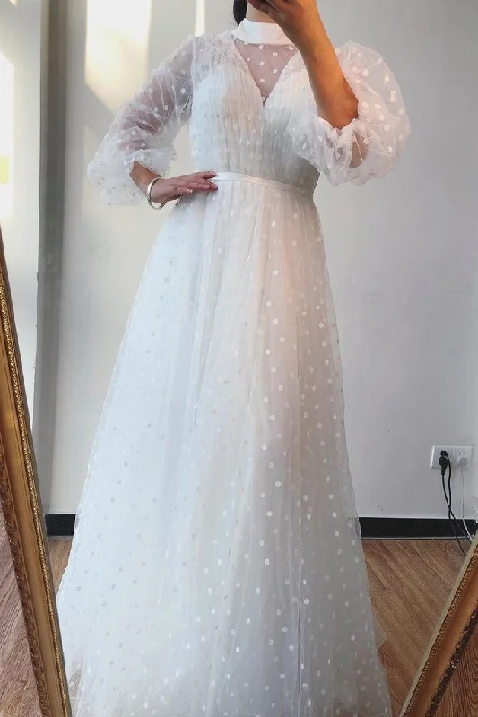 A-line High Neck Long Sleeves White Long Prom Dresses Formal Gowns DMS75 Tunics Stylish elegant