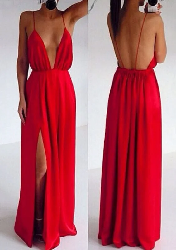 Sexy Sheath Plunging Strap Backless Satin Split Long Red Prom Dress