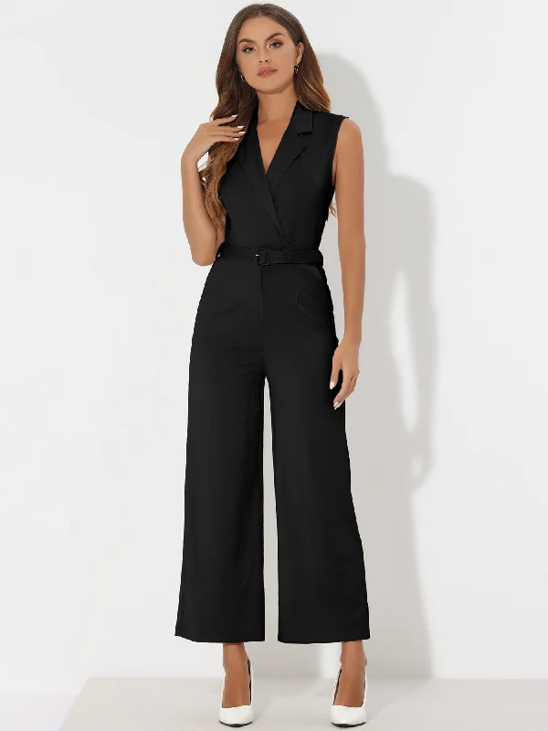 Sleeveless Button Front Closure Long Leg Pocket Belted Jumpsuits Wide-leg jumpsuit, Loose fit, Chic, Comfortable