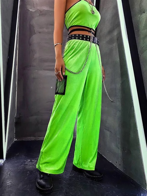 Neon Lime Velvet Wide Leg Pants Without Belt Trendy Printed Pants