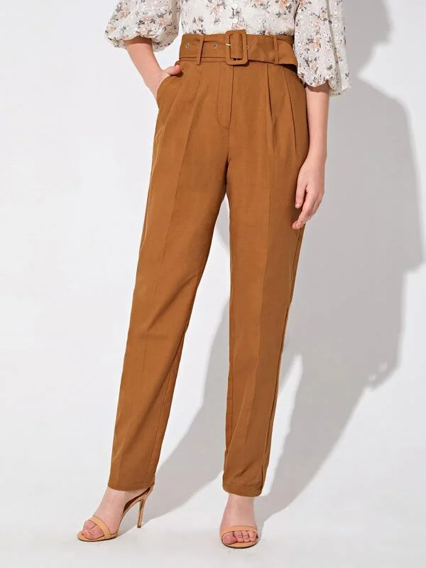 Buckle Belted Slant Pocket Pants Soft Stretch Leggings