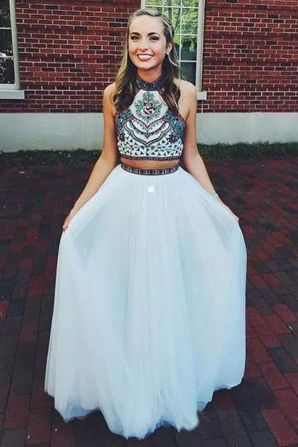 Two Piece Halter Embroidered Tulle Prom Dresses Cheap A Line Long Formal Dresses DMN78 Casual Short Summer