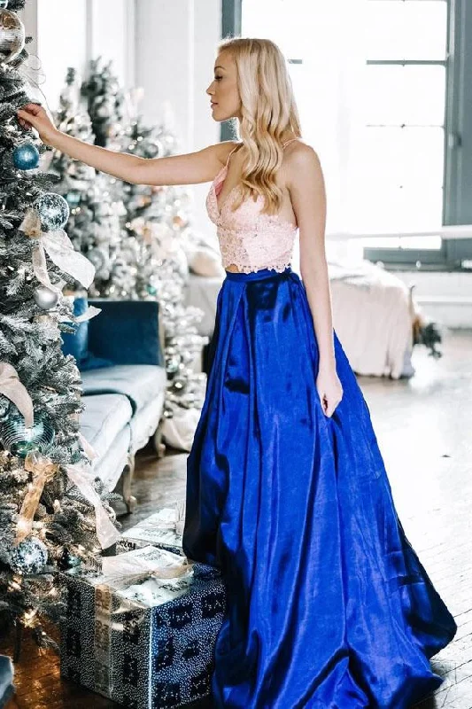 Two Piece Spaghetti Straps Floor-Length Royal Blue Prom Dress with Lace Bodice DML92 Tunics Review highly