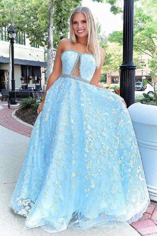 Stunning A-line Strapless Sky Blue Lace Beaded Long Prom Dresses Evening Dress DMT2 empire Waist empire