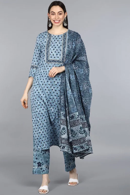 Blue Cotton Straight Kurta Pant With Dupatta