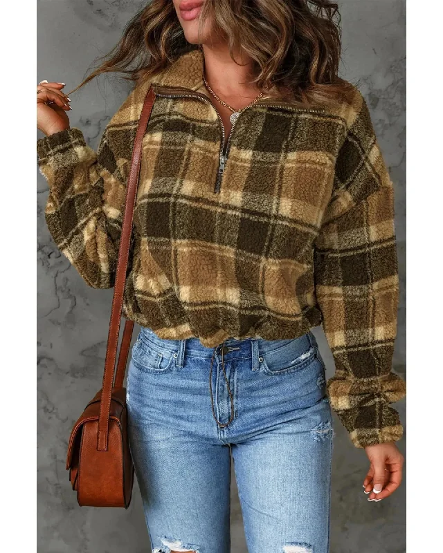 Azura Exchange Plaid Pattern Fleece Sweatshirt with Zip Collar - 2XL Hoodie with Set-In Sleeves Structured Classic