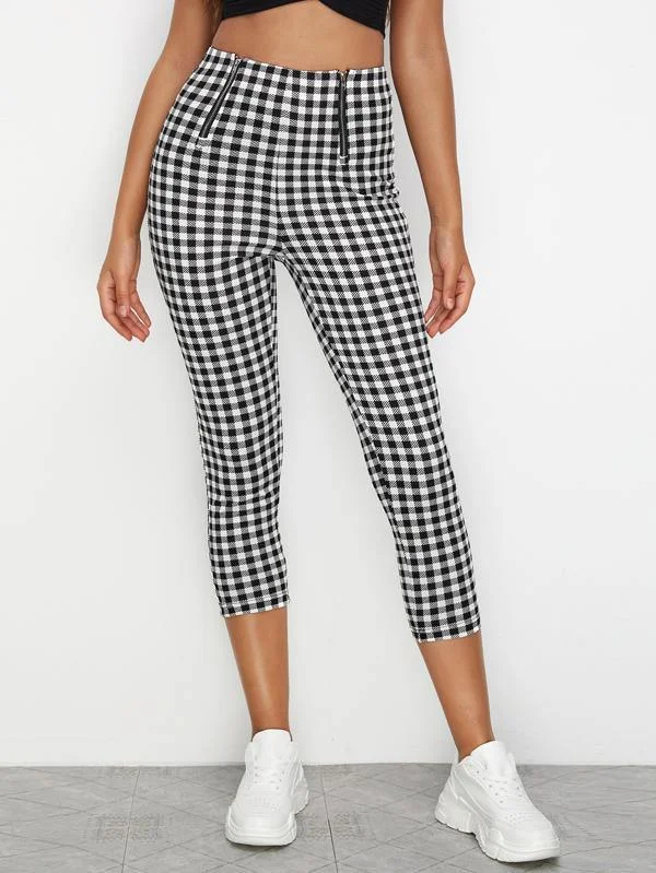 Zip Front Buffalo Plaid Skinny Pants Comfortable Jogging Pants
