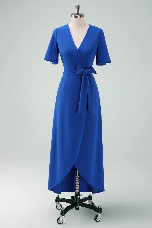 Royal Blue V-Neck Long Mother of Bride Dress with Short Sleeves Bodycon Club Sequined