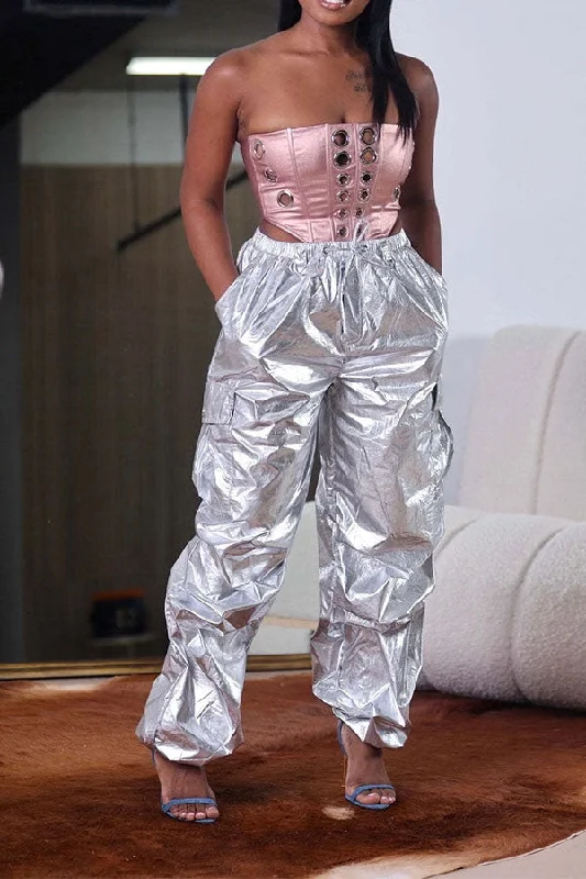 storexq Metallic Punk Multi Pocket Pants High-Waist Trousers