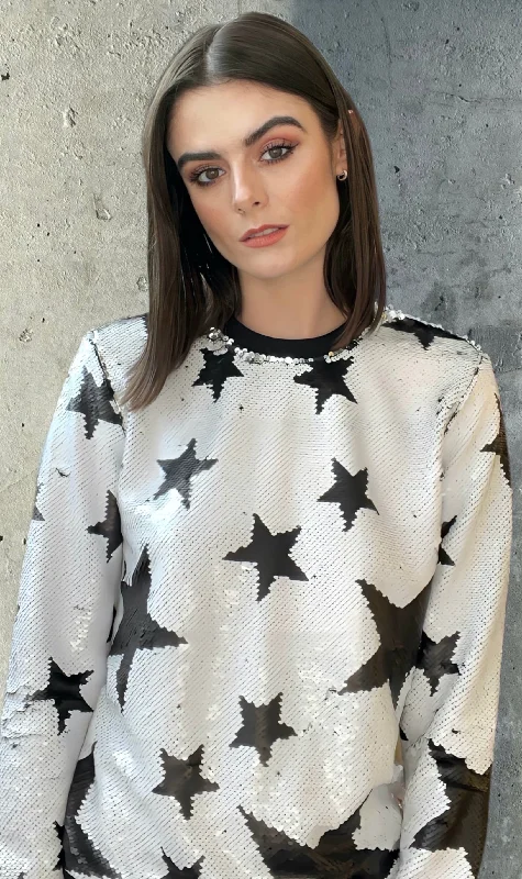 Any Old Iron Sparkle Star White Sweatshirt Hoodie with Hem Contrast Bold Stylish