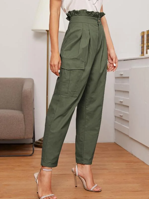 Ruffle Waist Flap Pocket Patched Pleated Detail Pants High-Waist Jogger Pants