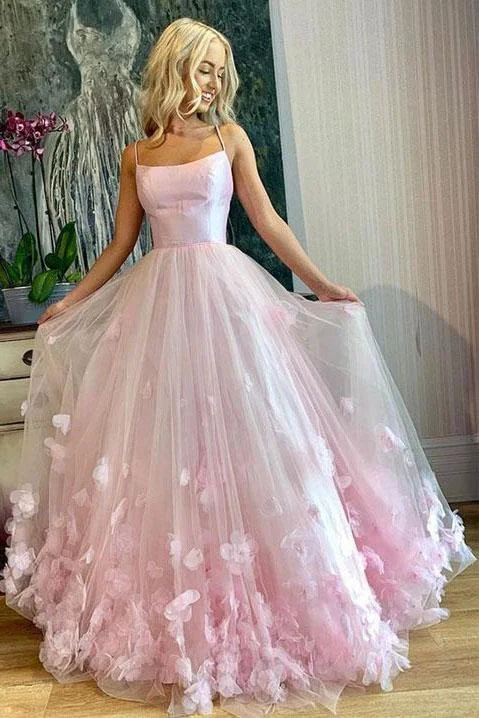 Light Pink Spaghetti Straps Long Prom Dresses, 3D Flowers Evening Dresses DMQ85 Tunics Timeless classic