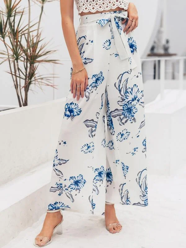 Simplee Belted Wide Leg Floral Pants Comfy Cargo Trousers