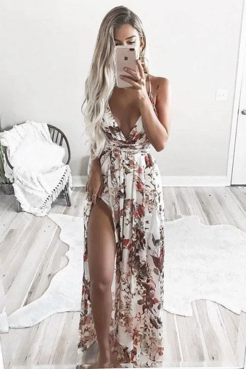 A-Line Deep V-Neck Printed Chiffon Prom Dress with Split DMR2 Tunics Trendy modern