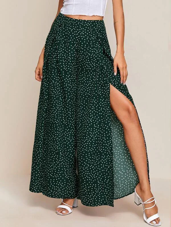 Zipper Side Split Thigh Dot Print Palazzo Pants Casual Lounge Pants