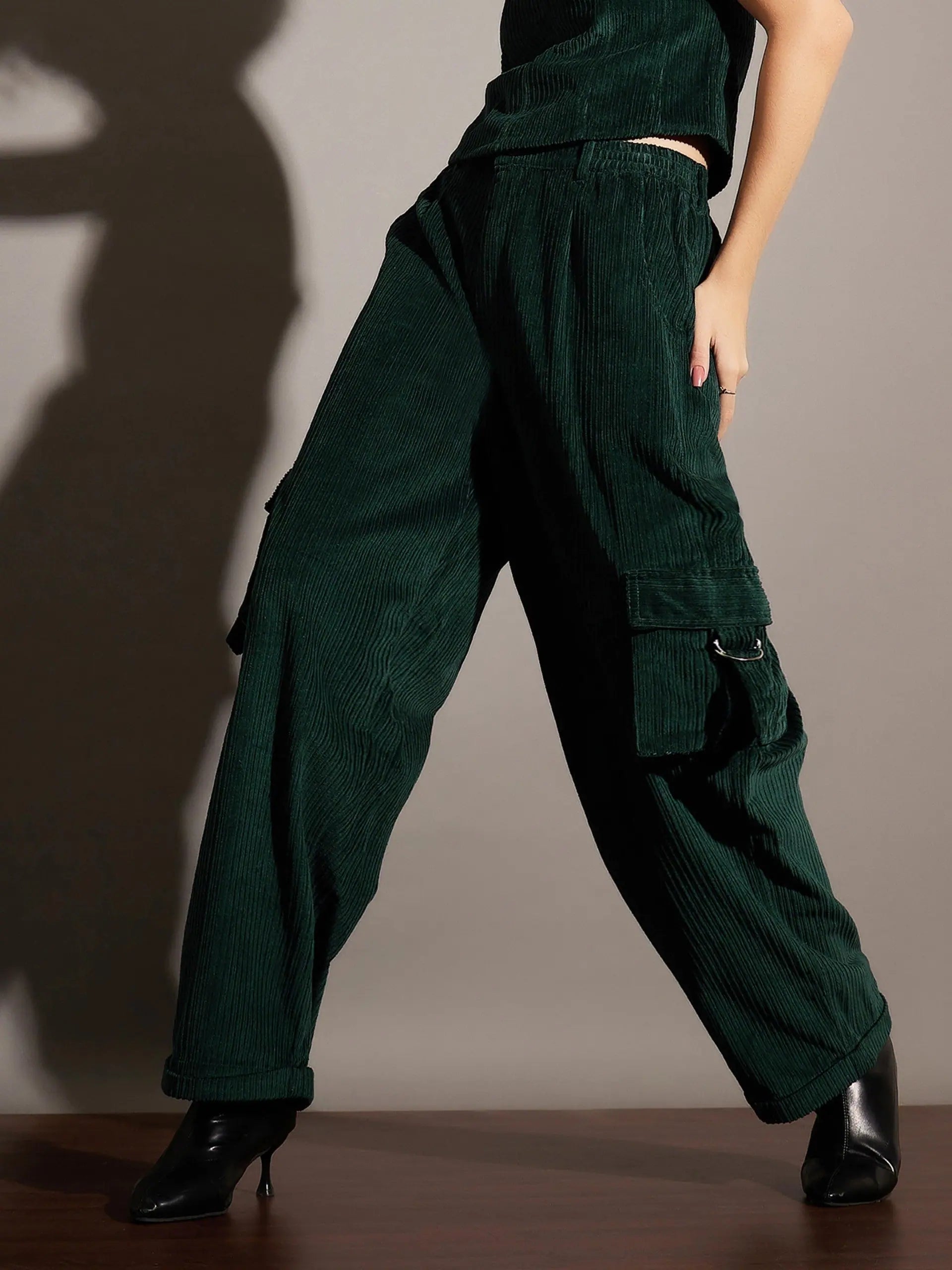 Women Emerald Corduroy Multi Pocket Cargo Pants Warm Wool Trousers