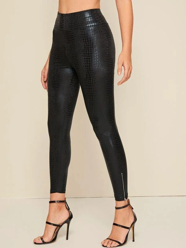 Crocodile Embossed Wide Band Waist Zip Hem Skinny Pants Casual Yoga Pants