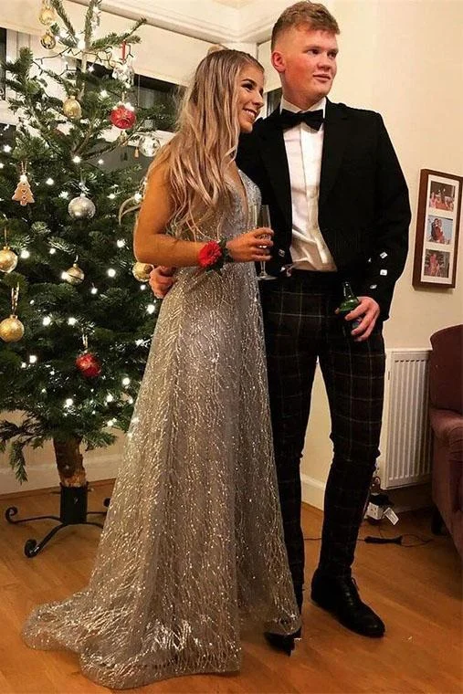 Popular V-Neck Long Silver Prom Dress with Beading Sequin Evening Dress DMS76 Tunics Yoga stretchy