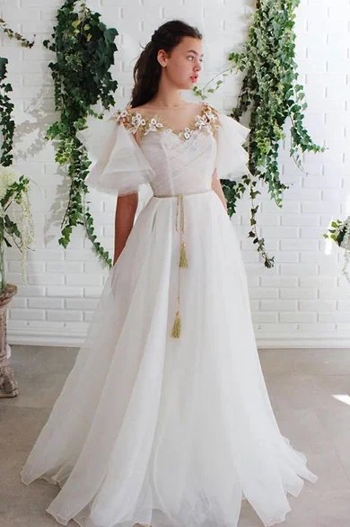 A-line Off White Short Sleeves Long Prom Dresses Organza Evening Dress DMS57 Tunic Top Casual