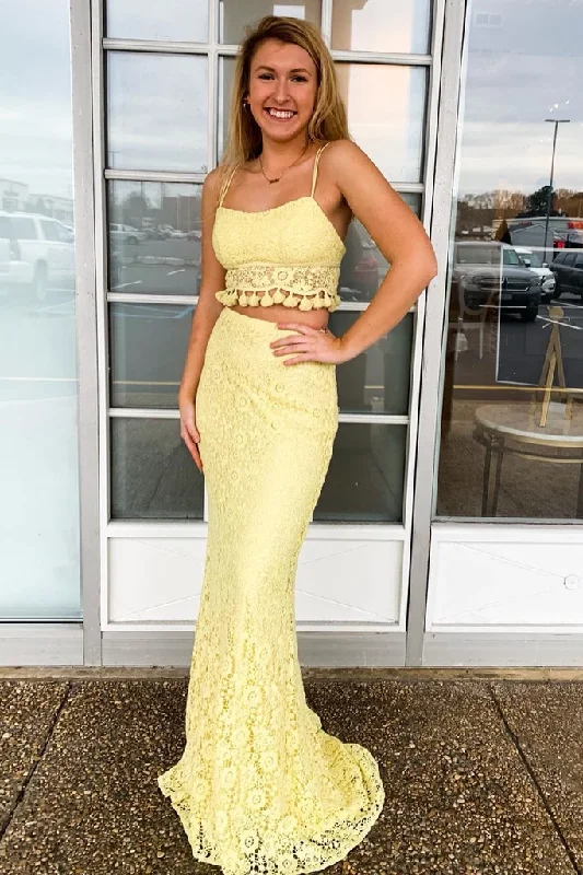 Two Piece Spaghetti Straps Yellow Lace Long Mermaid Prom Dress DMR58 Tunics Silk luxurious