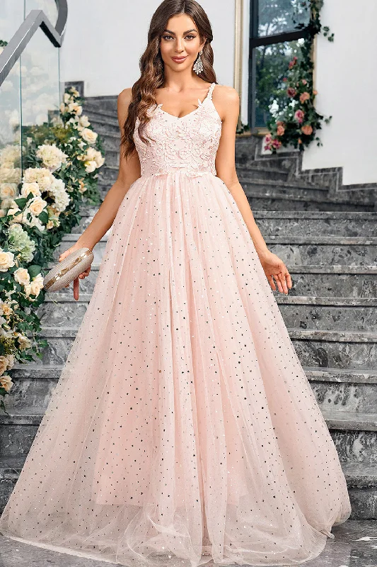 Sparkly Pink A Line Spaghetti Straps Long Prom Dress With Appliques Tunics Polka dots