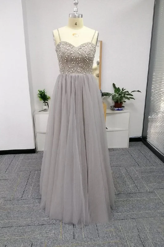 Silver Spaghetti Straps Beaded Bodice Tulle A Line Prom Dresses DMS82 Tunics Seasonal trendy