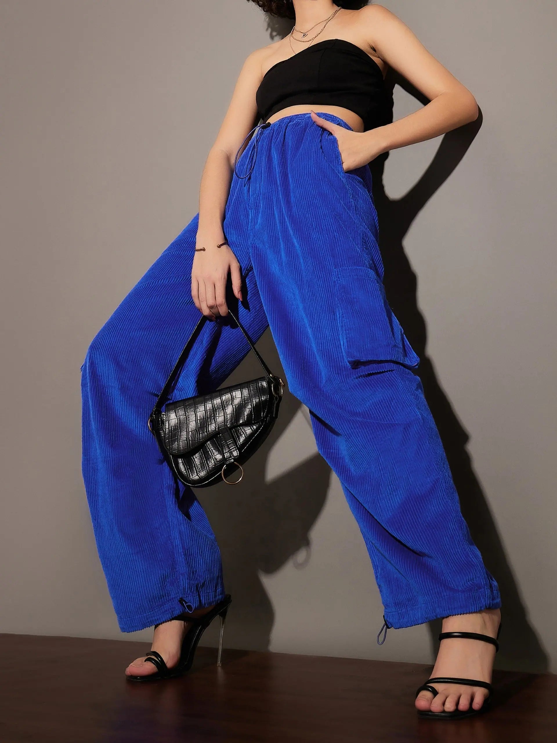 Women Royal Blue Pleated Knee Corduroy Cargo Pants Stretch Fit Pants