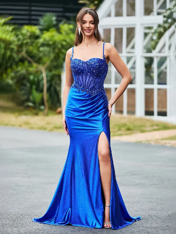 Glittering Corset Bodice Trumpet/Mermaid Dress with Slit Royal Blue Tunics Print Colorful