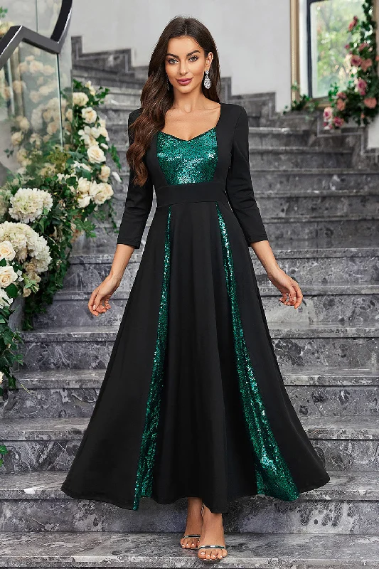 Sparkly Black Green Sequined A Line Prom Dress With Long Sleeves Tunics Custom made
