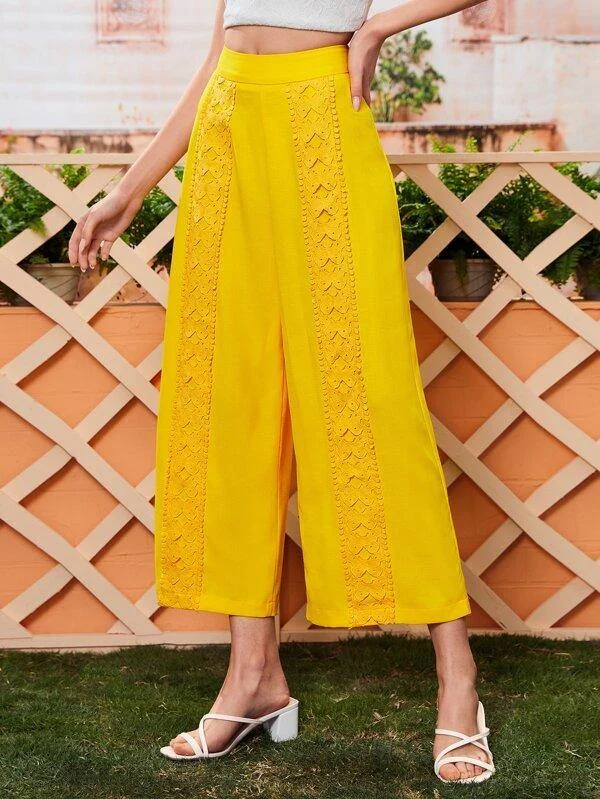 Lace Panel Zipper Back Wide Leg Pants Warm Wool Trousers