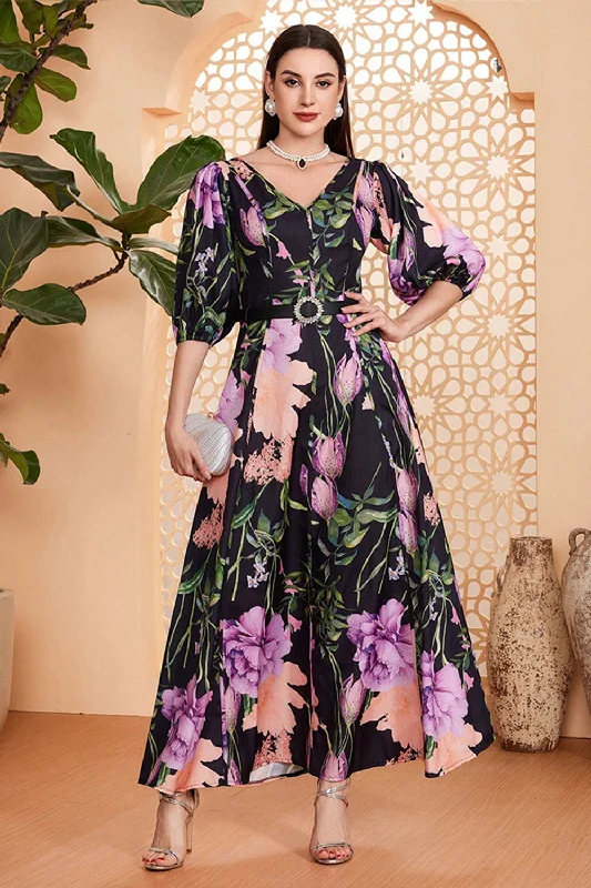 Black Floral A-Line V Neck Long Prom Dress with Belt Tunics Denim casual