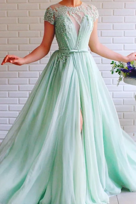 A-line Mint Green Long Cheap Prom Dresses Beading Tulle Evening Dress DMS99 Tunics Floral girly