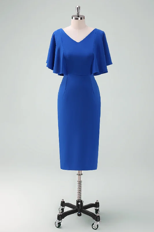 Royal Blue Bodycon Mother of Bride Dress with Short Sleeves Boat Neckline Classic