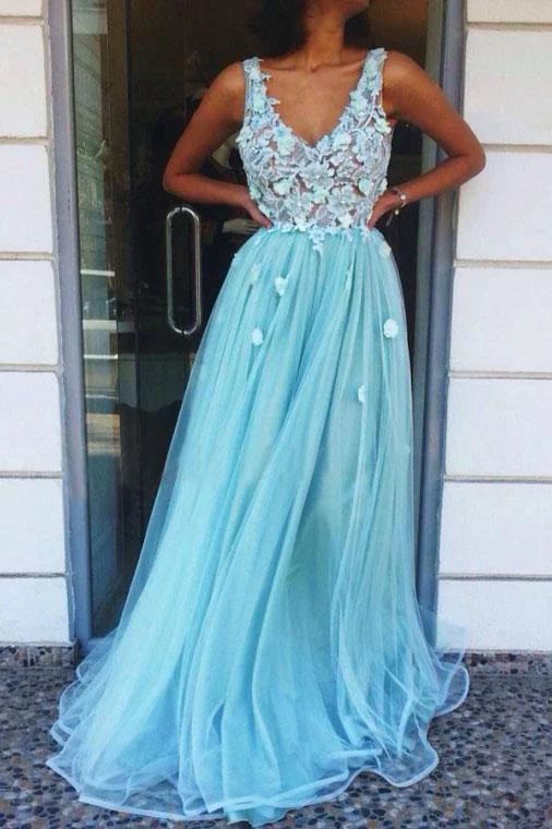 A-Line V-Neck Floor-Length Tulle Long Prom Dress with Appliques DMQ96 Tunics Sophisticated sleek