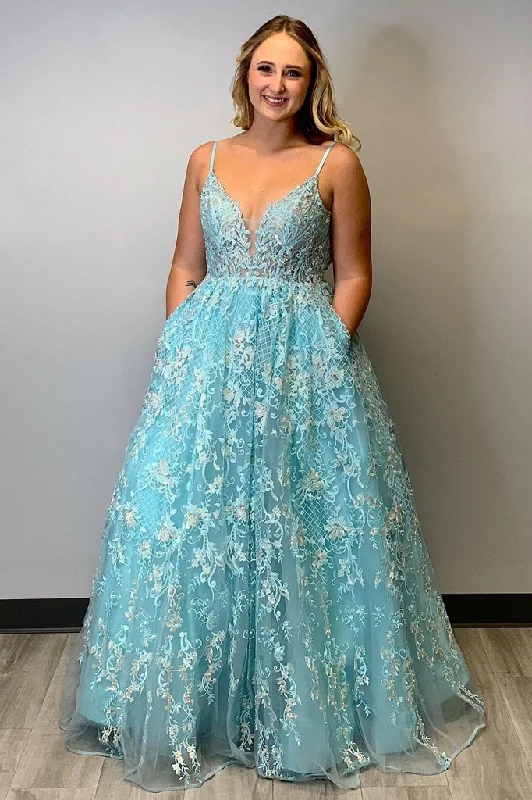 A-line Spaghetti Straps Lace Appliques Prom Dress Modest Long Evening Dress With Pockets DMS19 Tunics Stylish elegant