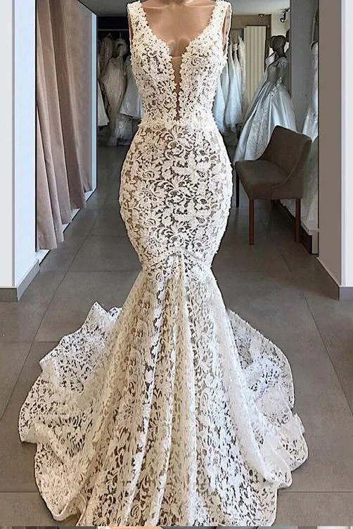 Trumpet/Mermaid V neck Ivory Lace Long Prom Dresses Evening Dresses DMR50 Tunics Versatile all-occasion