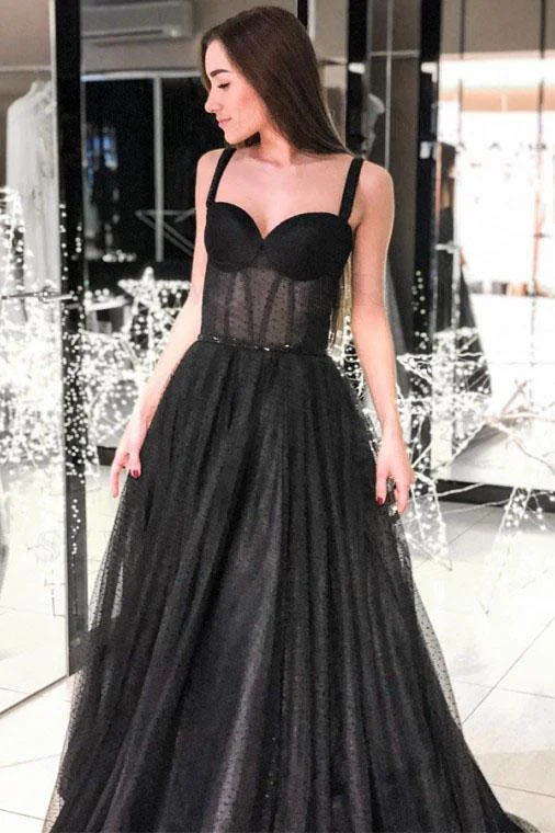 A-Line Spaghetti Straps Long Prom Dress Sleeveless Black Evening Dress DMS78 Tunics Chic elegant
