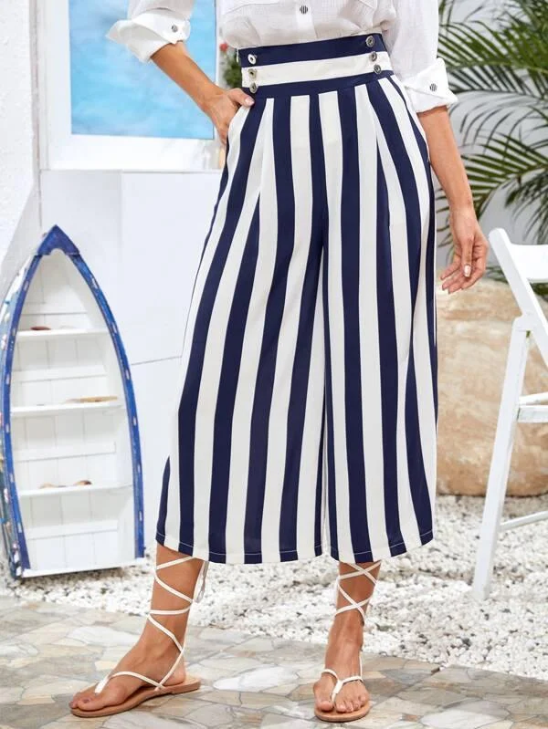 Double Button Slant Pocket Striped Wide Leg Pants Relaxed High-Waist Trousers