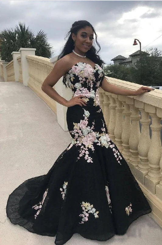 Black Mermaid Prom Dresses Strapless Embroidery Applique Sexy Prom Dresses DMP4 Tunics Sophisticated sleek