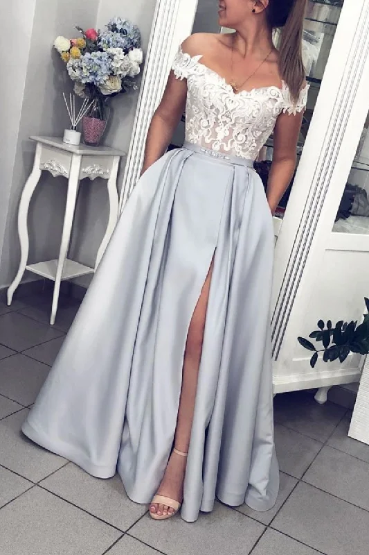 Gray Lace Appliques Off Shoulder Satin Long Prom Dress With Pockets Evening Dress DMQ42 Boatneck Modish Everyday